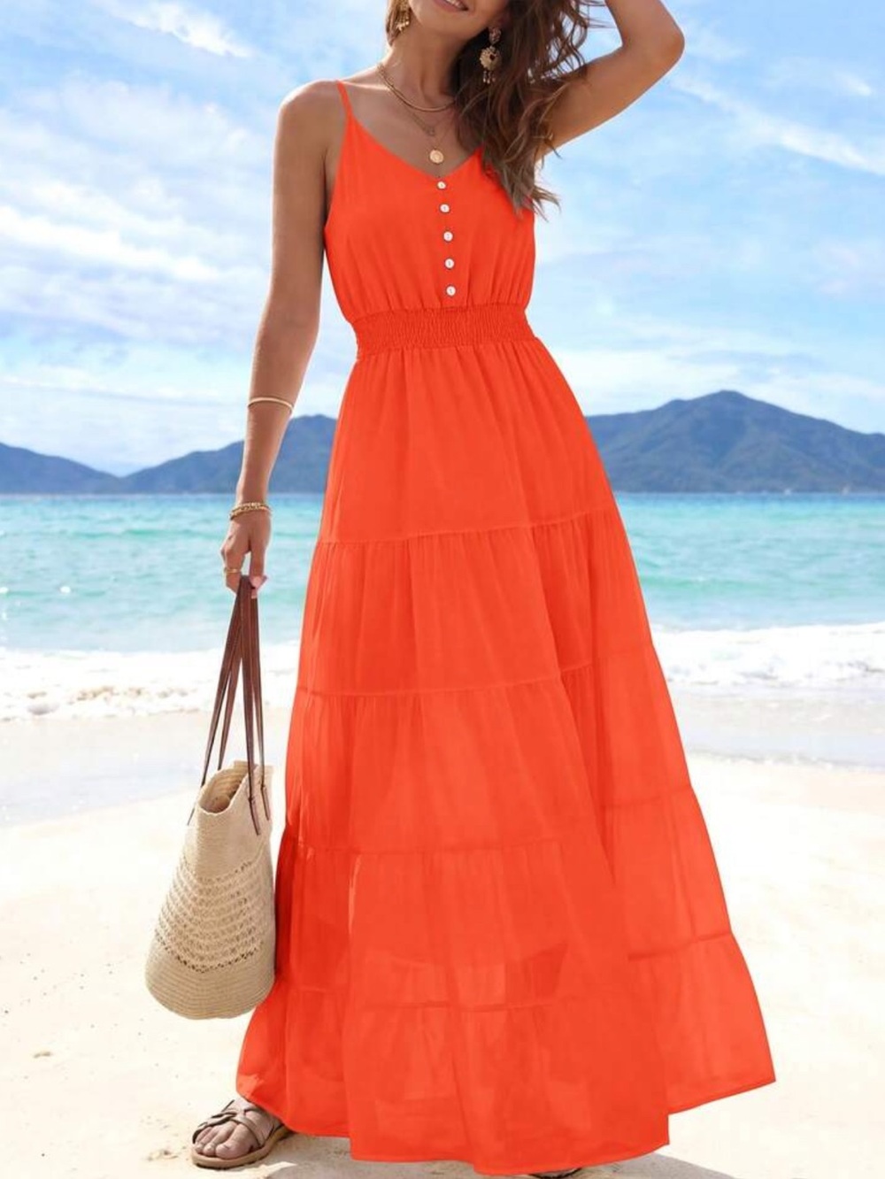 Sleeveless Orange Maxi Dress with Smocked Waist